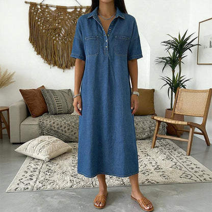 👗 50% OFF NOW! 👖 Robe-chemise midi décontractée en jean avec poches – Jean doux et coupe ample – Poches pratiques, idéales pour un look décontracté au quotidien – Confortable et polyvalente ✨🌸