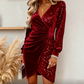 Robe à manches longues et col en V à paillettes pour femme