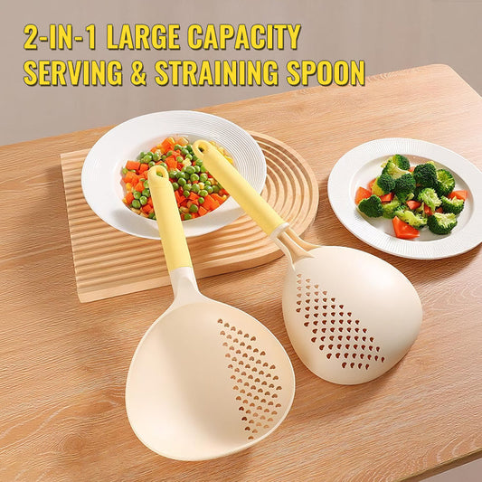 🥄 ACHETEZ-EN 2, OBTENEZ-EN 3 ! ✨ CUILLÈRE DE SERVICE 2 EN 1 - Grande capacité avec passoire intégrée, silicone résistant à la chaleur pour cuisiner et servir, lavable au lave-vaisselle 🍝🔍