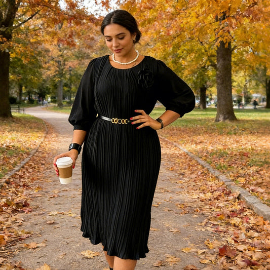 Robe midi plissée à manches 3/4 avec ceinture pour femme