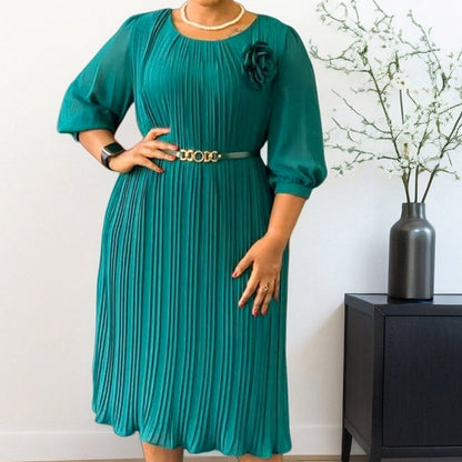Robe midi plissée à manches 3/4 avec ceinture pour femme