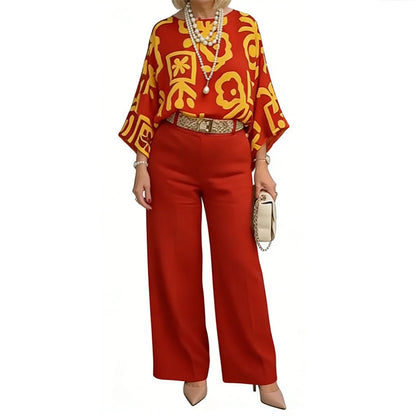 Ensemble femme composé d'un haut à imprimé graphique rétro et d'un pantalon à jambes larges