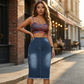 Jupe en jean taille haute à ourlet effiloché pour femme