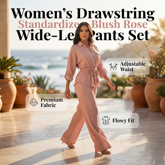 🎀 50 % DE RÉDUCTION MAINTENANT ! 👖 Ensemble chemise à cordon de serrage et pantalon large pour femme – taille ajustable, pantalon fluide et tissu texturé 🌿
