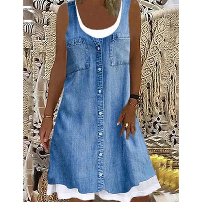 ⭐ Plus de 5.000 avis positifs ! Robe deux-pièces pour femme en simili-denim imprimé