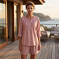 Blouse pour femme à manches longues, col Henley et détails plissés