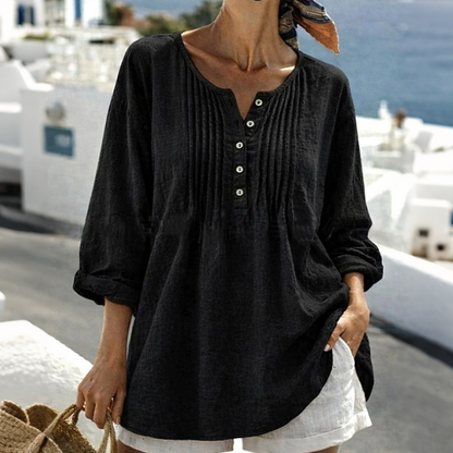Blouse pour femme à manches longues, col Henley et détails plissés