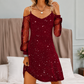 🌿 Robe épaules dénudées pailletée, détail noué et coupe droite pour allure élégante et lumineuse