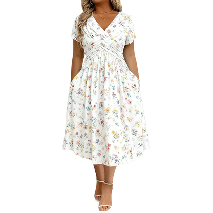 🌺👗Damenkleid mit V-Ausschnitt, Blumenmuster und gedrehter Taille
