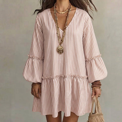 ✨ Robe Femme Ample à Rayures – Col V Élégant & Manches Longues Bouffantes