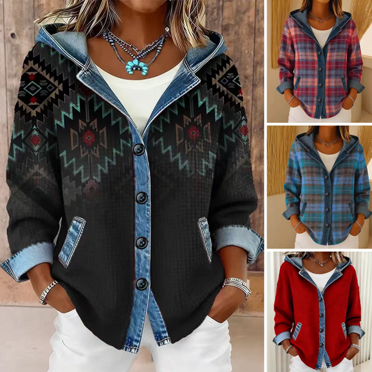 Veste à capuche en jean patchwork pour femme
