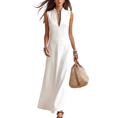 Robe longue sans manches à col en V profond pour femme