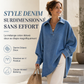 Chemise pull en jean décontractée pour femme, col V, manches chauve-souris et ourlet asymétrique, coupe ample