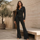 Ensemble veste à capuche zippée côtelée et pantalon évasé pour femme