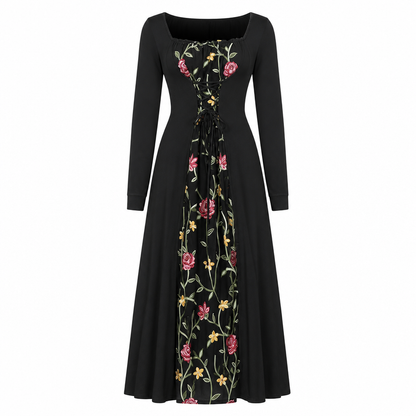 Robe longue corset noire à manches longues, col carré et lacets, avec panneau en maille brodé de fleurs