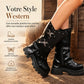 Bottines à talon bloc mi-haut à plateforme pour femmes, avec bout rond, coutures, revers repliable et bride à boucle