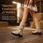 Bottines à talon bloc mi-haut à plateforme pour femmes, avec bout rond, coutures, revers repliable et bride à boucle