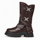 Bottines à talon bloc mi-haut à plateforme pour femmes, avec bout rond, coutures, revers repliable et bride à boucle